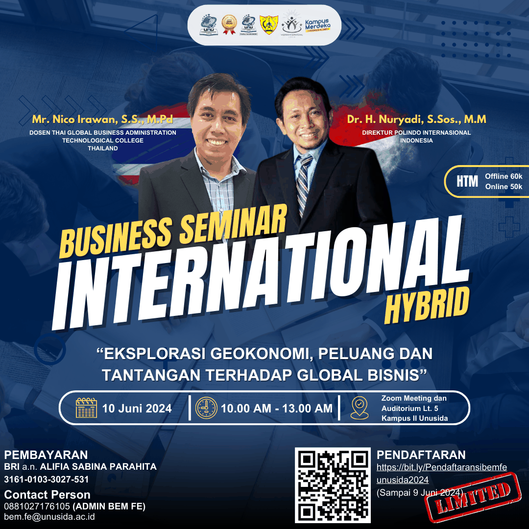 Pemberitahuan BEM Fakultas Ekonomi 2024 Gelar Acara Seminar Internasional Hybrid 2024