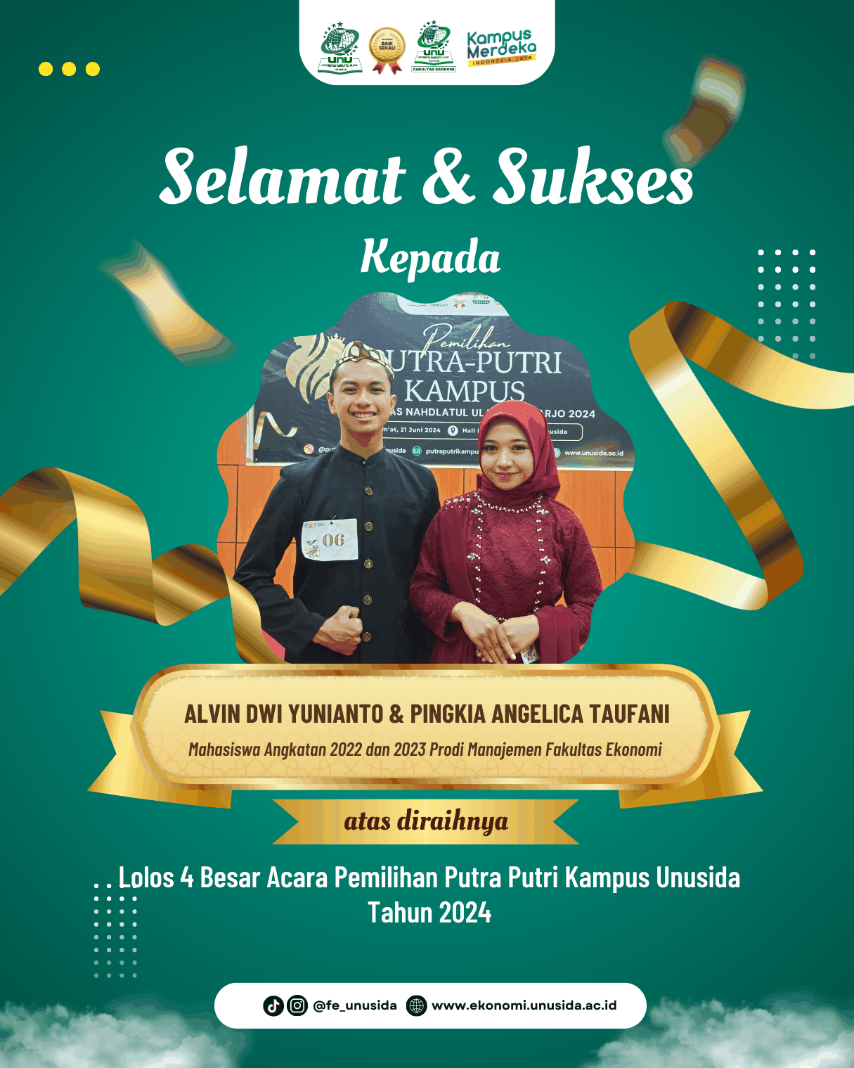 Mahasiswa Prodi Manajemen Fakultas Ekonomi Unusida Lolos 4 Besar Pemilihan Putra Putri Kampus Unusida 2024