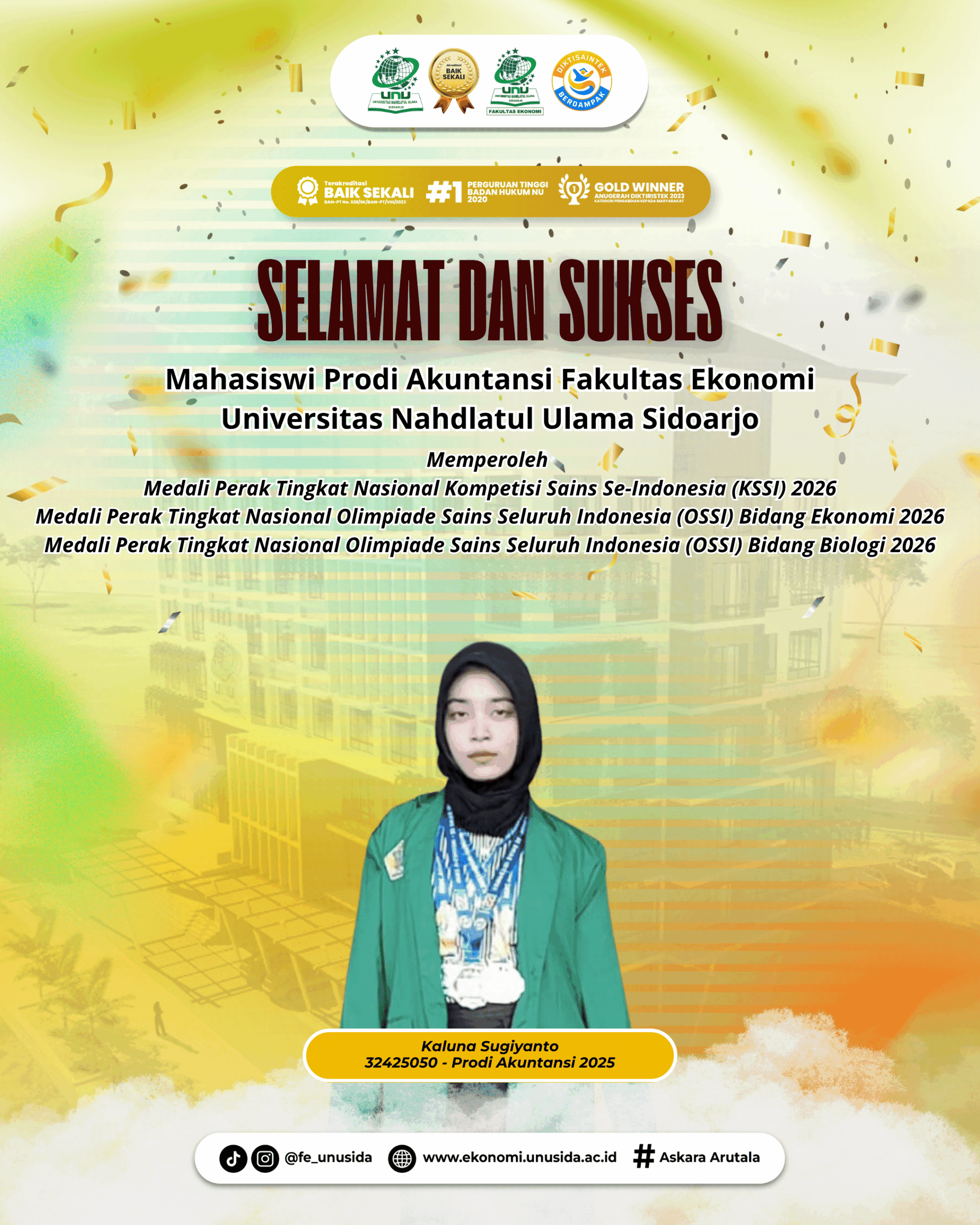 Sabet 3 Medali Nasional Sekaligus, Kaluna Sugiyanto Harumkan Nama Akuntansi UNUSIDA di Kancah Nasional