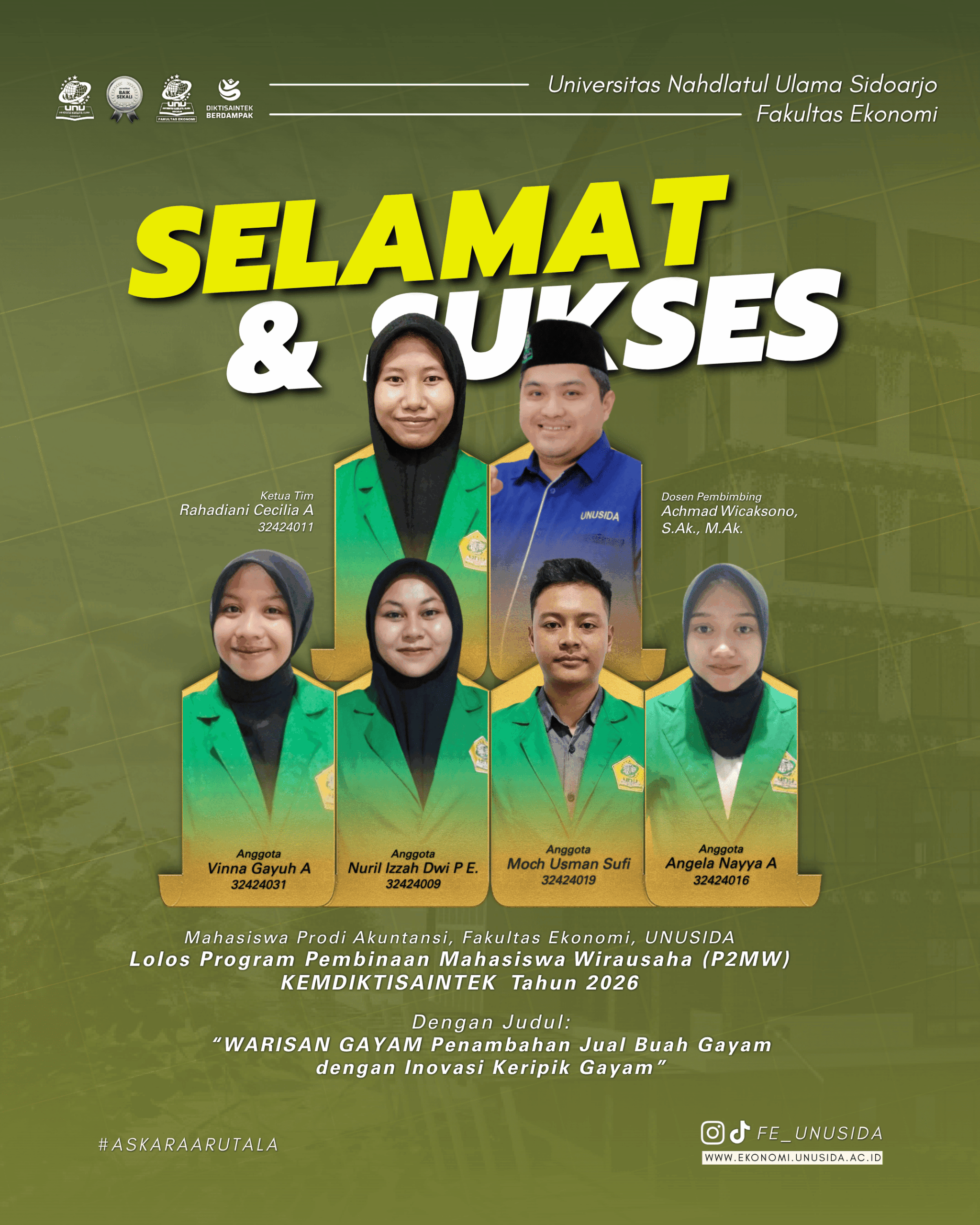 Mahasiswa Fakultas Ekonomi UNUSIDA Lolos Pendanaan P2MW 2026 Melalui Inovasi Usaha “Warisan Gayam”
