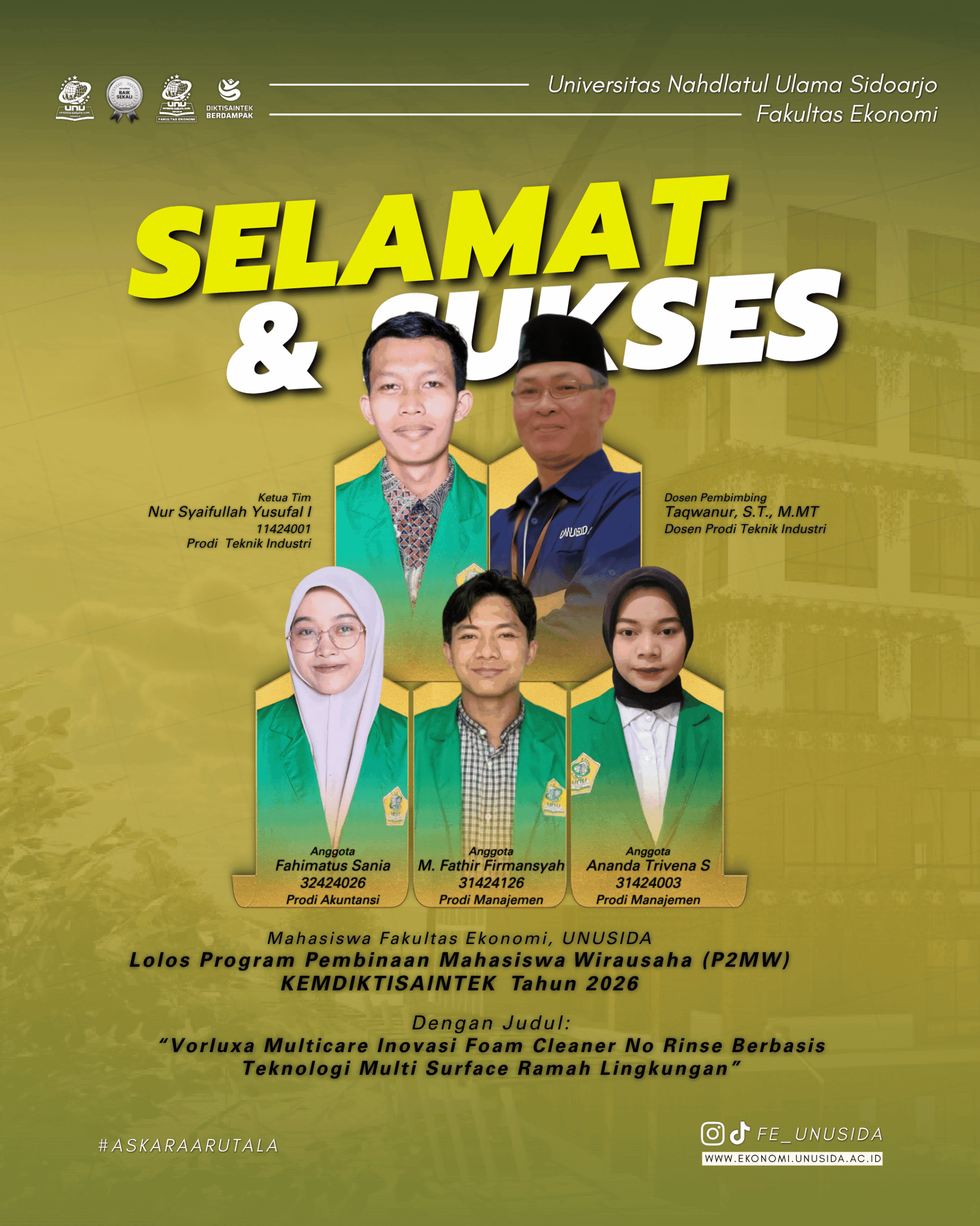 Kolaborasi Mahasiswa Teknik Industri dan Fakultas Ekonomi UNUSIDA Lolos Pendanaan P2MW 2026 melalui Inovasi Usaha Vorluxa Multicare